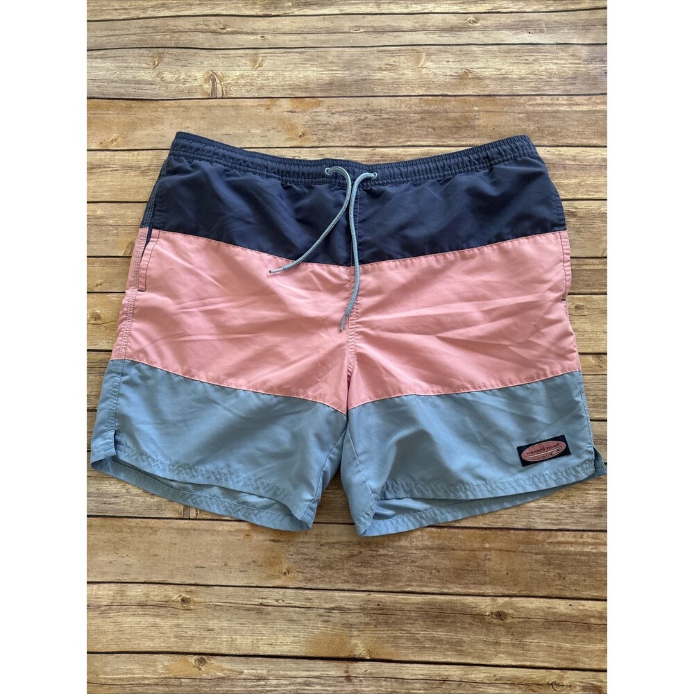 Vineyard Vines Swim Trunks Mens L Striped Pink Blue Mesh Lined Pockets 6”